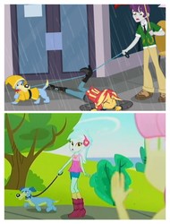 Size: 3106x4096 | Tagged: safe, screencap, fluttershy, indigo wreath, lyra heartstrings, sunset shimmer, dog, epic fails (equestria girls), eqg summertime shorts, equestria girls, g4, monday blues, background human, blue dog, boots, shipping fuel, shoes