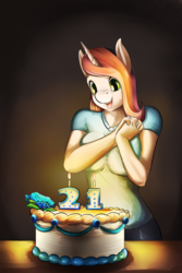 Size: 1200x1800 | Tagged: safe, artist:d-lowell, oc, oc only, oc:lilly, unicorn, anthro, anthro oc, big breasts, breasts, cake, candle, clothes, female, food, happy, mare, shirt, smiling