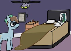 Size: 26360x18829 | Tagged: safe, artist:letterbomb, queen chrysalis, oc, oc:letterbomb, earth pony, pony, g4, absurd resolution, beanie, bed, bedroom, body pillow, dangerously high res, glasses, hat