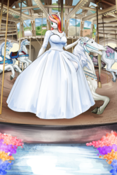 Size: 2400x3600 | Tagged: safe, artist:d-lowell, oc, oc only, oc:lily, unicorn, anthro, anthro oc, breasts, carousel, clothes, dress, female, high res, looking at you, mare, smiling, solo, wedding dress