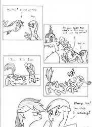 Size: 2552x3508 | Tagged: safe, artist:lost marbles, derpibooru exclusive, derpy hooves, rainbow dash, pony, g4, applejack's barn, comic, high res, traditional art