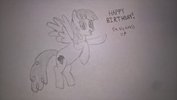 Size: 2491x1402 | Tagged: safe, artist:zeb, derpibooru exclusive, lightning bolt, white lightning, pegasus, pony, g4, female, flying, grayscale, happy birthday, looking at you, mare, monochrome, simple background, smiling, solo, traditional art, white background
