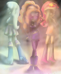 Size: 2700x3259 | Tagged: safe, artist:quickwinter, adagio dazzle, sunset shimmer, trixie, equestria girls, g4, boots, clothes, eyes closed, high heel boots, high res, jacket, leather jacket, leggings, shoes, skirt