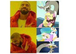 Size: 8598x6047 | Tagged: safe, discord, fluttershy, princess celestia, alicorn, draconequus, human, pegasus, pony, g4, absurd resolution, female, flower, hotline bling, irl, irl human, male, mare, meme, needs more jpeg, op is a duck, op is trying to start shit, photo, ship:discoshy, ship:dislestia, shipping, shipping war, straight