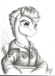 Size: 1757x2427 | Tagged: safe, artist:lupiarts, spitfire, pegasus, pony, g4, badge, clothes, female, grayscale, jacket, monochrome, pencil drawing, solo, traditional art, uniform, wonderbolts