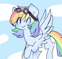 Size: 651x622 | Tagged: safe, artist:windymils, rainbow dash, pegasus, pony, g4, cloud, cute, dashabetes, eyes closed, female, goggles, mare, raised hoof, sky, smiling, solo