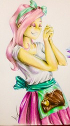 Size: 1556x2769 | Tagged: safe, artist:nolyanimeid, fluttershy, equestria girls, g4, my little pony equestria girls: summertime shorts, pet project, bow, clothes, eyes closed, female, simple background, smiling, solo, traditional art