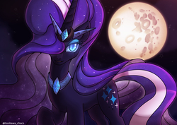 Size: 4093x2894 | Tagged: safe, artist:hosikawa, idw, nightmare rarity, pony, unicorn, g4, female, hair over one eye, jewelry, lidded eyes, long mane, looking at you, mare in the moon, moon, raised hoof, smiling, solo