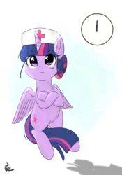Size: 2000x2860 | Tagged: safe, artist:yinglung, twilight sparkle, alicorn, pony, g4, clock, female, floating, high res, nurse, solo, tail, tail between legs, twilight sparkle (alicorn)
