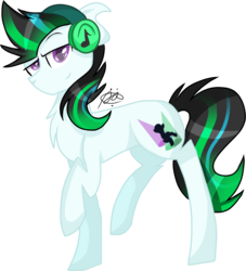 Size: 1363x1498 | Tagged: safe, artist:gallantserver, oc, oc only, oc:limelight, earth pony, pony, concave belly, headphones, male, parent:neon lights, parent:octavia melody, parent:vinyl scratch, raised hoof, simple background, solo, stallion, transparent background