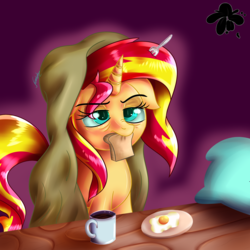 Size: 3000x3000 | Tagged: safe, artist:katakiuchi4u, sunset shimmer, pony, unicorn, g4, atg 2017, bags under eyes, blanket, bread, coffee, cup, egg, egg (food), female, floppy ears, food, fork, frown, glare, glowing, high res, lidded eyes, mare, morning ponies, mouth hold, mug, newbie artist training grounds, nom, nose wrinkle, pillow, plate, purple background, simple background, sleepy, solo, sweet dreams fuel, table, tired, unamused