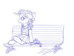 Size: 1024x768 | Tagged: safe, artist:novaintellus, starlight glimmer, pony, unicorn, g4, atg 2017, bench, blushing, bow, clothes, cute, dress, female, glimmerbetes, jewelry, monochrome, necklace, newbie artist training grounds, ribbon, sitting, sketch, solo