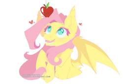 Size: 1024x704 | Tagged: safe, artist:feekteev, fluttershy, bat pony, pony, g4, apple, bat wings, drool, fangs, female, flutterbat, food, heart, looking at something, looking up, mare, open mouth, race swap, simple background, smiling, solo, spread wings, white background, wings