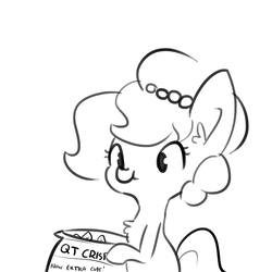 Size: 1650x1650 | Tagged: safe, artist:tjpones, oc, oc only, oc:brownie bun, earth pony, pony, horse wife, black and white, chest fluff, chips, cute, ear fluff, food, grayscale, monochrome, simple background, solo, white background