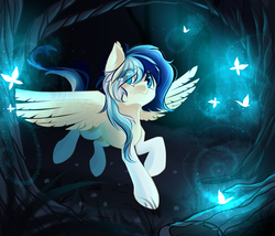 Size: 1765x1512 | Tagged: safe, artist:airiniblock, oc, oc only, oc:hanuel, butterfly, pegasus, pony, rcf community, female, flying, forest, mare, smiling, solo, tree, ych result