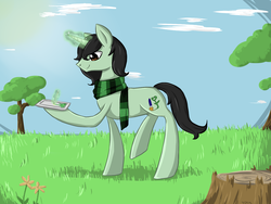 Size: 1600x1200 | Tagged: safe, artist:violentdreamsofmine, oc, oc only, pony, unicorn, clothes, magic, scarf, solo, tablet
