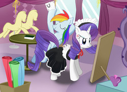 Size: 3509x2550 | Tagged: safe, artist:neoshrek, rainbow dash, rarity, pegasus, pony, unicorn, g4, annoyed, blushing, card, clothes, cross-popping veins, duo, eyes closed, fabric, female, high res, maid, mannequin, mare, mirror, rarity is not amused, table, unamused