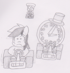 Size: 652x681 | Tagged: safe, artist:threetwotwo32232, rainbow dash, pony, g4, clock, hat, kart, monochrome, newbie artist training grounds, pencil drawing, pizza monster, pun, top hat, traditional art, visual pun