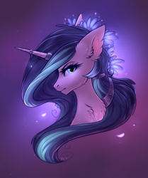 Size: 2484x2970 | Tagged: safe, artist:nightskrill, shining armor, pony, unicorn, g4, female, flower, flower in hair, gleaming shield, high res, horn, horn ring, looking at you, mare, rule 63, serious, serious face, simple background, solo