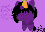 Size: 150x109 | Tagged: safe, artist:troggggggggggggggggy, oc, oc only, oc:music sharp remix, pony, unicorn, birthday, cute, female, hat, mare, party hat, simple background, smol, text