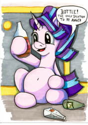 Size: 1240x1754 | Tagged: safe, artist:frenkieart, starlight glimmer, pony, unicorn, g4, alcohol, beer belly, belly, belly button, big belly, bottle, dialogue, fat, female, implied alcoholism, smiling, solo, traditional art