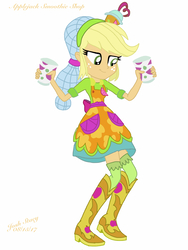 Size: 1536x2048 | Tagged: safe, artist:joshstacy, applejack, equestria girls, g4, my little pony equestria girls: summertime shorts, shake things up!, boots, clothes, cup, female, freckles, kneesocks, shoes, socks, zettai ryouiki