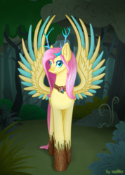 Size: 1917x2700 | Tagged: safe, artist:mailner, fluttershy, deer, deer pony, original species, pony, g4, amulet, antlers, bark, colored wings, everfree forest, female, gem, large wings, mare, solo, wings