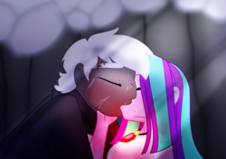 Size: 1431x1008 | Tagged: safe, artist:faith-wolff, aria blaze, fanfic:the bridge, equestria girls, g4, crossover, crossover shipping, duo, equestria girls-ified, eyes closed, female, hand on face, jewelry, kissing, male, monster x, necklace, scar, shipping, straight