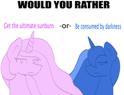 Size: 2600x2000 | Tagged: safe, artist:mopyr, princess celestia, princess luna, alicorn, pony, g4, :3, bronybait, bust, caption, choice, exploitable meme, female, frown, glare, high res, image macro, lidded eyes, looking at you, mare, meme, portrait, simple background, smiling, unamused, wavy mouth, white background, would you rather