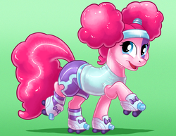 Size: 1035x800 | Tagged: safe, artist:hornbuckle, pinkie pie, earth pony, pony, rubber pony, g4, female, latex, mare, nightmare night, pinkie puffs, roller skates, shiny, solo