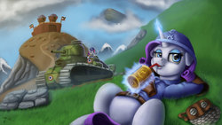 Size: 1200x675 | Tagged: safe, artist:vittorionobile, rarity, sweetie belle, pony, unicorn, g4, airship, clothes, drinking, female, filly, fort, helmet, looking at you, magic, mare, mountain, renault ft-17, smiling, soldier, tank (vehicle), world war i