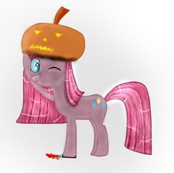 Size: 652x650 | Tagged: safe, artist:tranvybang123456789, pinkie pie, earth pony, pony, g4, cute, cuteamena, food, halloween, holiday, jack-o-lantern, ketchup, knife, nightmare night, pinkamena diane pie, pumpkin, sauce