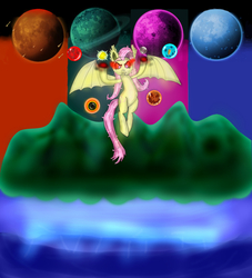 Size: 1000x1100 | Tagged: safe, artist:tranvybang123456789, fluttershy, bat pony, pony, g4, eclipse, flutterbat, moon, nebula, ocean, pumpkin, race swap, snowman, solar eclipse, sun, terraria