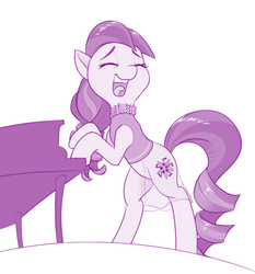 Size: 747x800 | Tagged: safe, artist:dstears, coloratura, earth pony, pony, g4, the mane attraction, atg 2017, bipedal, eyes closed, female, mare, monochrome, musical instrument, newbie artist training grounds, open mouth, piano, simple background, singing, smiling, solo, white background