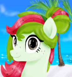 Size: 3472x3760 | Tagged: safe, artist:monkfishyadopts, oc, oc only, oc:watermelana, pony, beach, bust, freckles, high res, looking at you, ocean, palm tree, sand, solo, tree