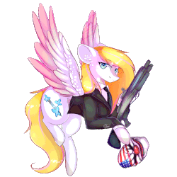 Size: 1000x1000 | Tagged: safe, artist:magicalbrownie, oc, oc only, oc:jessica, pegasus, pony, animated, blinking, clothes, clown mask, colored wings, crossover, dallas, gif, gun, mask, multicolored wings, payday 2, simple background, solo, suit, transparent background, weapon
