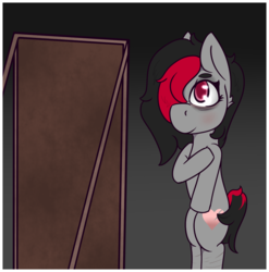 Size: 1006x1020 | Tagged: safe, artist:lazerblues, oc, oc only, oc:miss eri, pony, bipedal, black and red mane, mirror, scar, solo, two toned mane