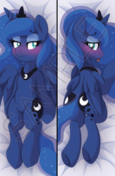 Size: 1355x2084 | Tagged: safe, artist:pearlyiridescence, princess luna, alicorn, pony, bed, blushing, body pillow, body pillow design, butt, crown, cute, embarrassed, featureless crotch, female, jewelry, looking back, mare, merchandise, moonbutt, on back, open mouth, plot, praise the moon, regalia, solo, underhoof, watermark
