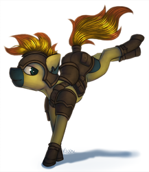 Size: 1781x2056 | Tagged: safe, artist:marsminer, oc, oc only, oc:yaktan, pony, armor, boots, boots on hooves, helmet, male, mane, saddle, saddle bag, shoes, smiling, solo, tack, tail