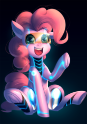 Size: 990x1400 | Tagged: safe, artist:bakki, pinkie pie, cyborg, pony, robot, robot pony, g4, commission, female, frog (hoof), glowing, gradient background, looking at you, open mouth, ponkbot, sitting, smiling, solo, spread legs, spreading, underhoof, visor, waving