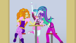 Size: 5700x3206 | Tagged: safe, artist:epsilontlosdark4, artist:manic-the-lad, adagio dazzle, aria blaze, sonata dusk, equestria girls, g4, arm wrestling, cheering, purple grump, sitting, smug, stool, sweat, sweatdrop, table, the dazzlings, trio, vector