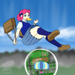 Size: 1500x1500 | Tagged: safe, artist:phallen1, pinkie pie, human, g4, atg 2017, book bag, bow, bread, clothes, cute, falling, female, food, hair bow, humanized, moe, necktie, newbie artist training grounds, parachute, plaid, pleated skirt, school uniform, schoolgirl toast, shoes, skirt, skydiving, socks, solo, tartan, thigh highs, toast, vest, watch, wristwatch