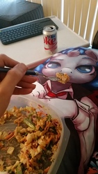 Size: 3264x1836 | Tagged: safe, artist:atryl edits, edit, oc, oc:shining pearl, human, anthro, body pillow, brony, food, irl, irl human, photo, ponies eating meat, salad, soda, waifu dinner