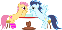 Size: 6145x3000 | Tagged: safe, artist:laberoon, candy mane, soarin', pony, g4, absurd resolution, clothes, crack shipping, looking at each other, shipping, simple background, soarmane, socks, striped socks, transparent background, wrong cutie mark