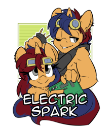 Size: 2100x2400 | Tagged: safe, artist:bbsartboutique, oc, oc only, oc:electric spark, oc:sweet voltage, unicorn, anthro, anthro oc, badge, brother and sister, cable, circuit board, ear piercing, earring, female, goggles, high res, jewelry, looking at you, male, one eye closed, piercing, siblings, smiling, twins, voltspark