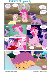 Size: 4958x7008 | Tagged: safe, artist:jeremy3, derpy hooves, fluttershy, pinkie pie, scootaloo, twilight sparkle, alicorn, earth pony, pegasus, pony, comic:everfree, g4, absurd resolution, bipedal, comic, crater, egg, hug, magic, not what it looks like, twilight sparkle (alicorn)