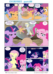 Size: 4958x7008 | Tagged: safe, artist:jeremy3, derpy hooves, fluttershy, pinkie pie, rainbow dash, scootaloo, twilight sparkle, alicorn, pony, comic:everfree, g4, absurd resolution, comic, crater, crying, egg, flying, hug, magic, rainbow trail, twilight sparkle (alicorn)