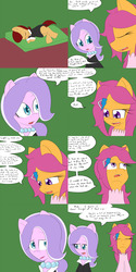 Size: 1600x3200 | Tagged: safe, artist:jake heritagu, diamond tiara, scootaloo, oc, oc:lightning blitz, pegasus, pony, comic:ask motherly scootaloo, g4, baby, baby pony, clothes, colt, comic, dialogue, dress, female, green background, hairpin, male, mother and son, motherly scootaloo, offspring, older, older diamond tiara, older scootaloo, parent:rain catcher, parent:scootaloo, parents:catcherloo, simple background, sleeping, speech bubble, tuxedo