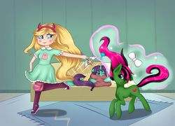 Size: 2500x1800 | Tagged: safe, artist:amaliyacloud, oc, oc:amaliya cloud, oc:emerald cloud, pony, biting, bow, crossover, hug, magic, mewman, pillow, pillow biting, pillow hug, royal magic wand, star butterfly, star vs the forces of evil