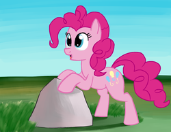 Size: 861x668 | Tagged: safe, artist:itsthinking, derpibooru exclusive, pinkie pie, earth pony, pony, g4, female, rock, simple background, smiling, solo